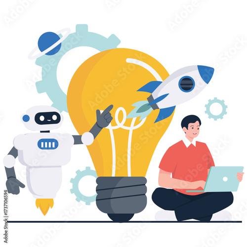 Innovation Illustration. Vector illustration of A friendly robot and a rocket boost a bright light bulb while a developer works on a laptop, illustrating AI-driven ideas. Isolated on background