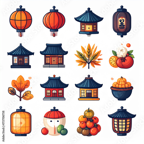 Korean Traditional House Set, Lanterns, Fruits, and Autumn Decorations 
