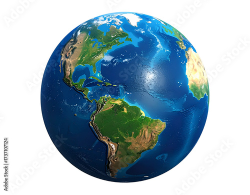Detailed 3D Render of Planet Earth with North and South America Visible, Isolated on Transparent Background 