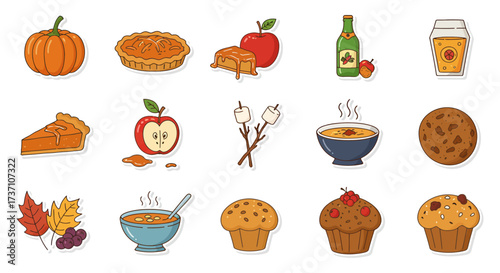 fall foods and sweets stickers illustration set featuring pumpkin apple pie soup cider muffins perfect for autumn holiday season designs.