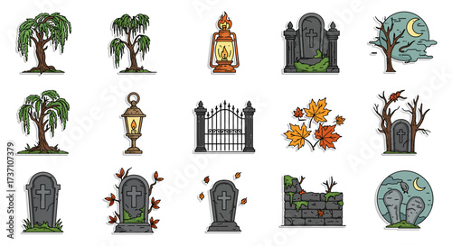 Graveyard icons of spooky tombstones and graveyard gates surrounded by trees and falling leaves in autumn perfect for Halloween designs.