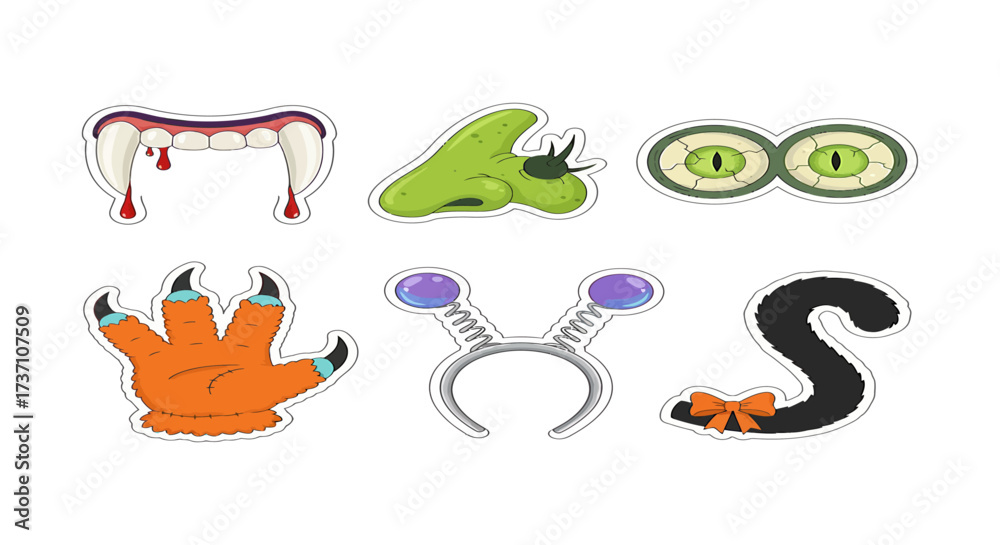 Naklejka premium Halloween monster parts stickers spooky vampire fangs green nose alien eyes animal paw alien antennas cat tail for fun party props.