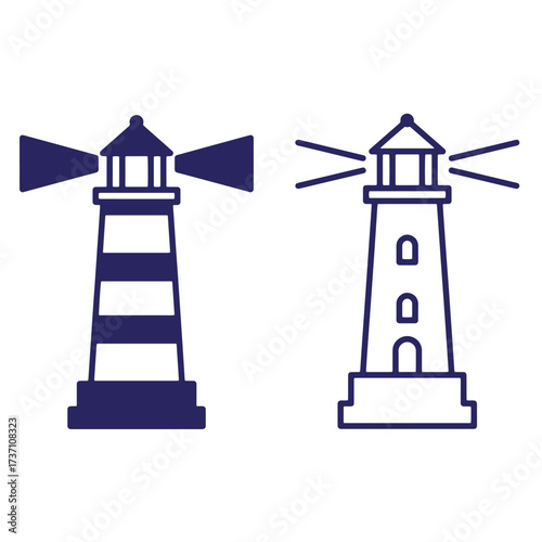 Two minimalist vector illustrations of a lighthouse depicting coastal guidance and navigation