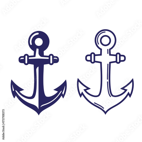 Two navy blue anchor illustrations in flat design style on a white background for nautical themes