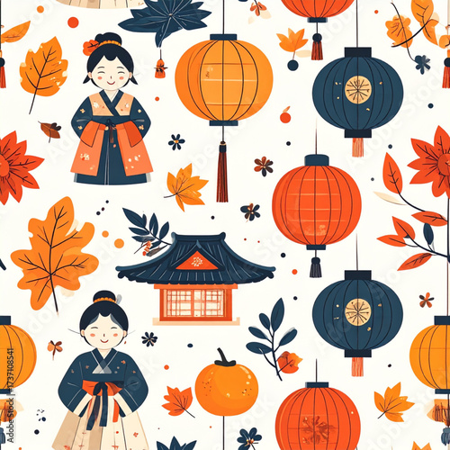 Seamless Pattern Asian Autumn Festival with Lanterns, Maple Leaves, and Hanbok 
