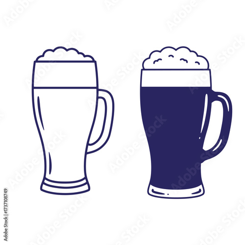 Two outline style beer mugs with frothy foam perfect for beverage branding and design