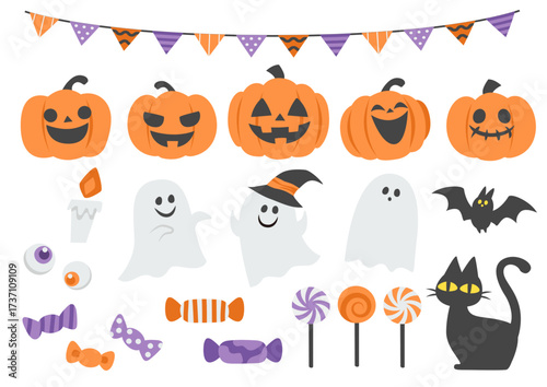 ハロウィンのイラストセット（カボチャ・おばけ・黒猫・キャンディ）