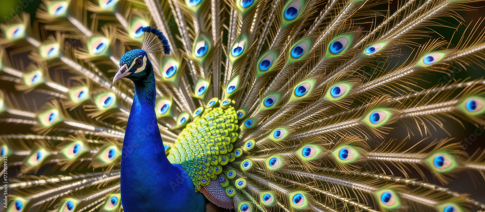 Obraz premium Majestic peacock displays full fanned tail of iridescent feathers, vibrant blue wildlife bird in stunning courtship display.
