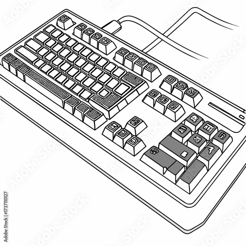A detailed black and white line drawing illustration of a modern computer keyboard with a wired connection and a mousepad underneath
