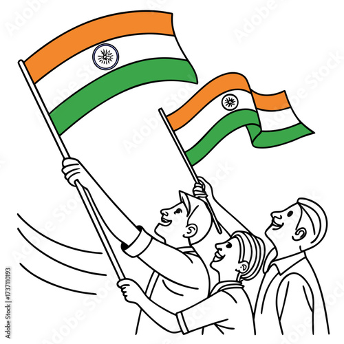 A group of diverse people joyfully holding and waving the indian flag celebrating national pride and unity on a white background