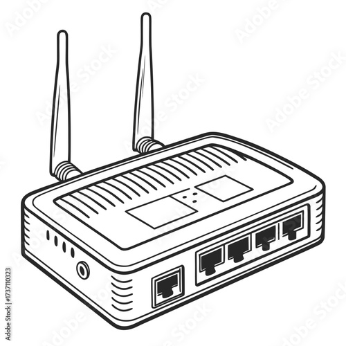 A simple line art illustration of a wireless router with two antennas and multiple ethernet ports on a white background