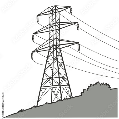 A simple line drawing illustration of a tall electricity pylon standing on a grassy hill with power lines stretching across the sky