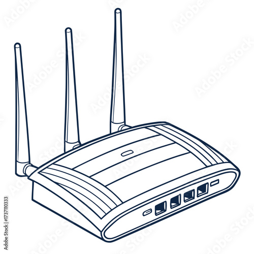 A simple line drawing illustration of a modern wireless router with three antennas and multiple ethernet ports on a white background