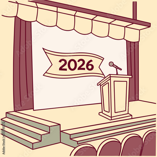 A stage with a podium and microphone featuring a banner displaying the year 2026 ready for a presentation or event