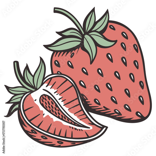 A vibrant illustration of a whole strawberry and a halved strawberry showcasing its juicy interior and seeds against a clean white background