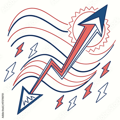 Dynamic upward trending arrow with lightning bolts and wavy lines representing progress and energy in a stylized design