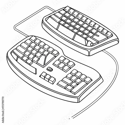 Ergonomic split keyboard and separate number pad illustration in black and white line art style on a white background