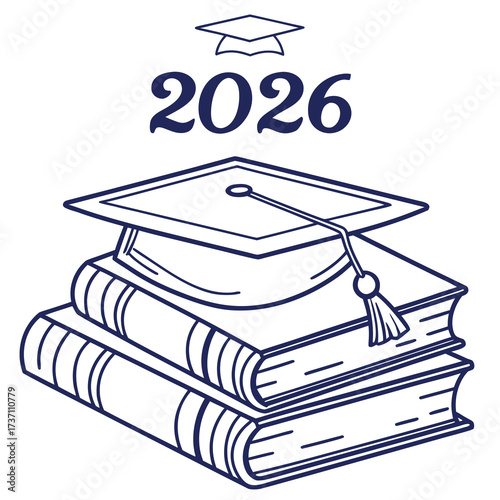 Graduation cap and tassel resting on a stack of books with the year 2026 prominently displayed above