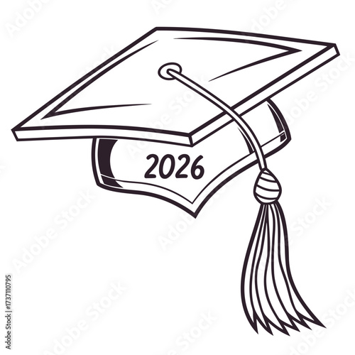 Graduation cap with tassel and the year 2026 written on the cap black and white drawing symbolizing academic achievement and future success