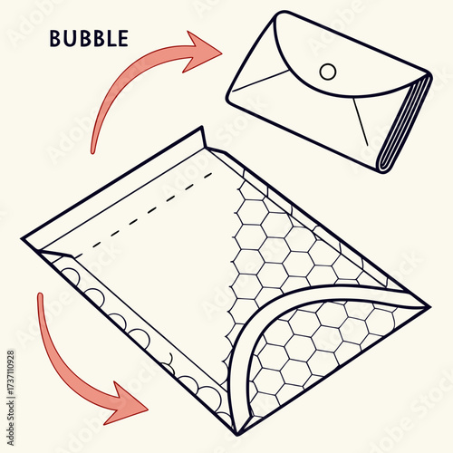 Illustration of a bubble mailer being folded and a small envelope being inserted with arrows indicating the action and the word bubble
