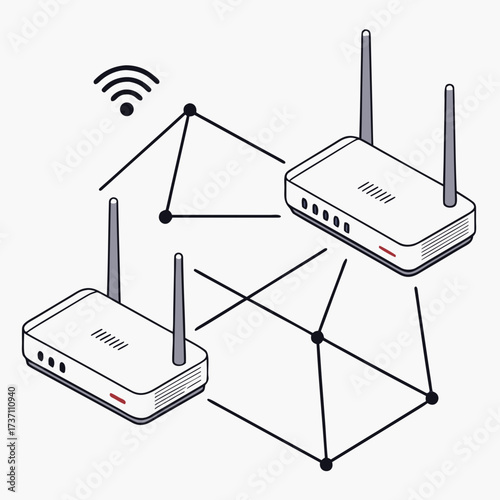 Illustration of two wireless routers connected in a network with a wifi symbol overhead representing connectivity and data flow