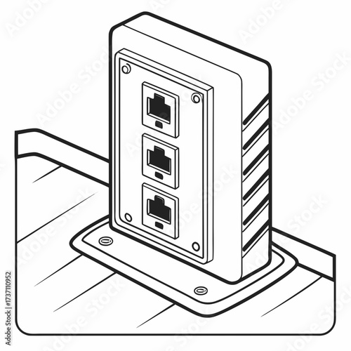 Isometric line art illustration of a network data port with three rj45 connectors mounted on a wooden surface