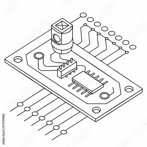 Isometric line drawing of a printed circuit board with integrated circuits and a sensor component showcasing electronic components and connections