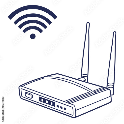 Simple line drawing of a wireless router with wi fi signal symbol indicating network connectivity