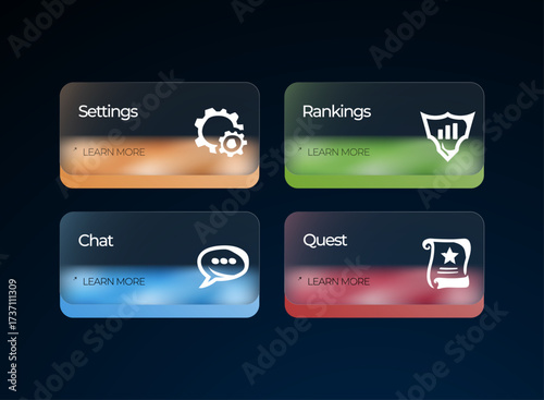 Glassmorphism Gradient Menu Card Pack – Settings Rankings Chat and Quest UI Elements for Mobile Game Interface, Dashboard Navigation, and Modern App Design with Gradient Buttons