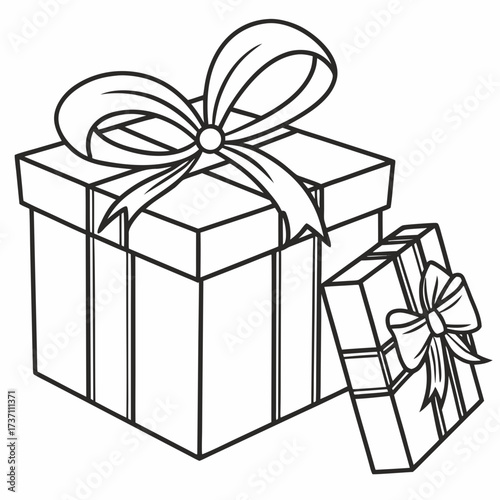 Two black and white line art drawings of gift boxes with bows one large and one small isolated on a white background