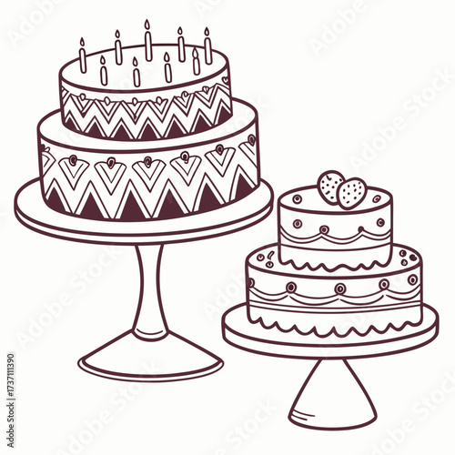 Two delicious tiered cakes with decorative patterns and candles one topped with strawberries presented on cake stands perfect for celebrations