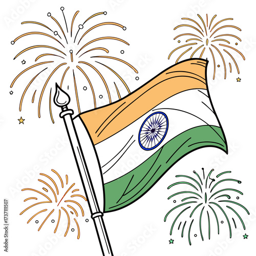 Waving indian flag with colorful fireworks display celebrating national independence day and republic day