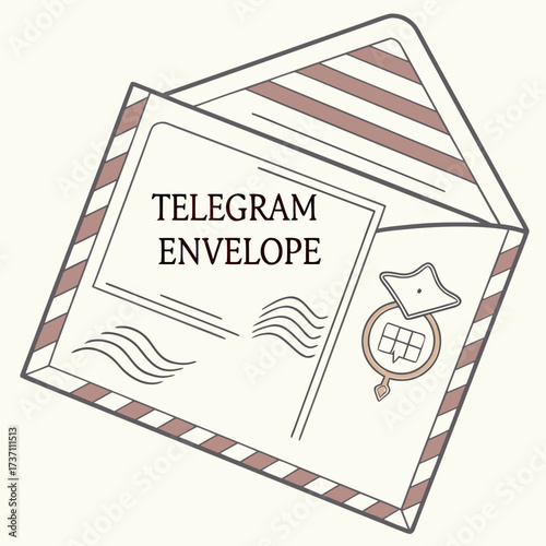 Vintage telegram envelope with a letter inside and a magnifying glass symbol representing communication and information delivery