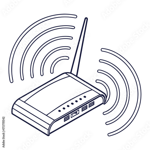 Wireless router emitting signals isometric line art illustration symbolizing connectivity and internet access