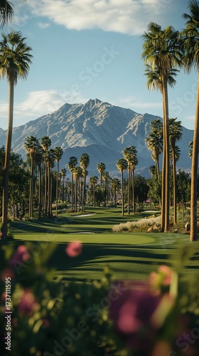 Serene golf course with mountains and palm trees. Lush green fairways, palm trees, and a majestic mountain range create a tranquil scene
