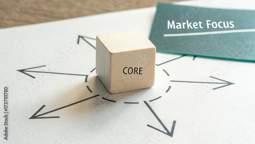 Wallpaper Mural Core Principles Represented by Wooden Block in Business Strategy with Market Focus and Directional Arrows on Surface Torontodigital.ca