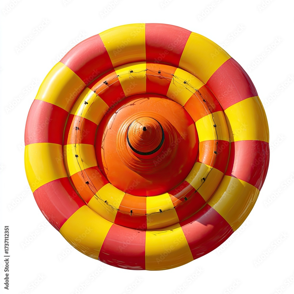 Obraz premium Inflatable water toy, circular, striped. Bright red and yellow. Top view