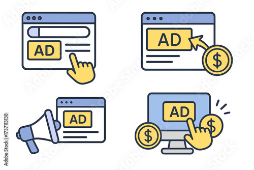 PPC advertising campaign icon set. Pay Per Click, search engine marketing, digital promotion concept. Adword, SEM, CPC and online business technology flat cartoon vector icons.