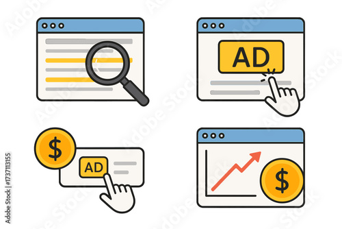 PPC advertising and search marketing vector icon set. Pay-per-click campaign, SEM, and SEO strategy concept. Digital marketing analytics for business growth and ROI.
