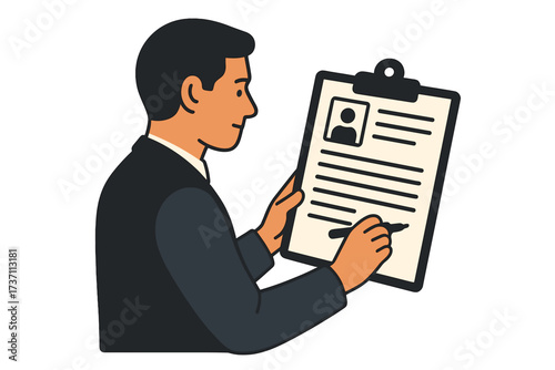 Man with clipboard filling out employment application form. Concept of job search, hiring, recruitment. Businessman writing on a document. Personal resume analysis for a new career.