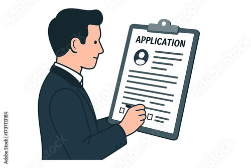 Man holding clipboard fills in job application form. Employment, recruitment, and hiring concept. Human resources analyzing personal resume and CV. Flat design vector illustration.