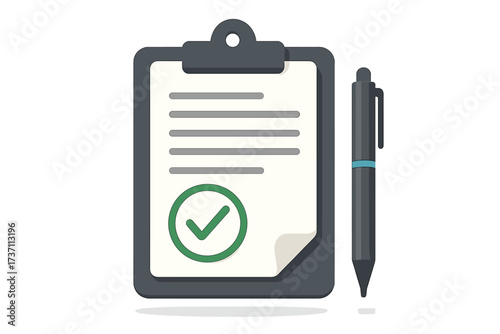 Approved application. Clipboard with document and green approved check mark. Pen for signing. Concept of successfully passed test, survey or finished task. Vector illustration.