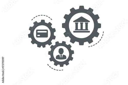 Banking mechanism abstract concept. Financial system with connected gears and integrated flat icons. Symbols for money, credit card, bank, business and finance concepts.