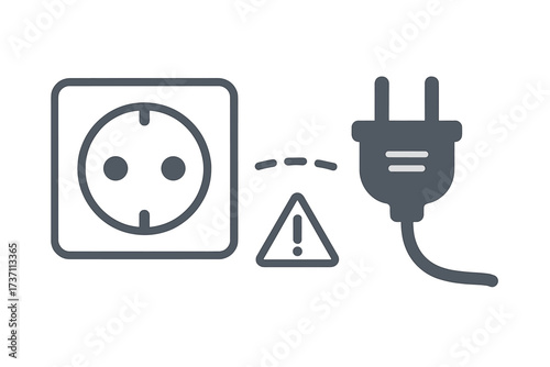 404 error, page not found. Connection error concept. Unplugged electrical outlet and plug with a warning sign. Disconnected, offline, no signal, power loss vector icon.
