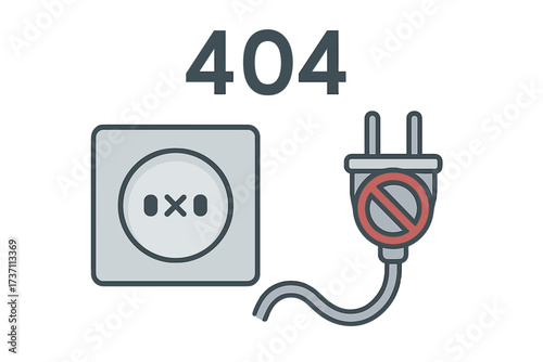 Metaphor 404 error page not found. Connection problem. Website offline or unavailable. Disconnected plug from socket. Electrical outlet disabled. Failure concept vector.