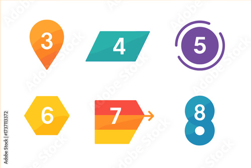 Vector infographic elements with numbers 3 to 8. Set of colorful abstract shapes for business presentation, workflow layout, diagram, or web design. Modern flat number markers.