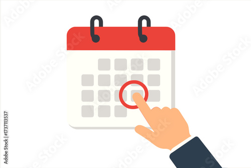 Hand marking a date on a calendar. Save the date concept. Schedule, appointment, event, or deadline reminder. Time management and planning with an organizer. Flat vector icon.