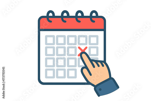 Hand marking an important day on the calendar. Save the date concept. Schedule, appointment, and deadline reminder. Time management and event planning organizer flat icon.