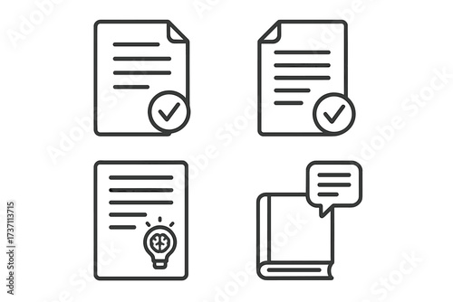 Contract terms and conditions icon set. Approved document, creative writing idea. Read brief summary and assignment report. Vector icons for legal agreement, policy, and form.