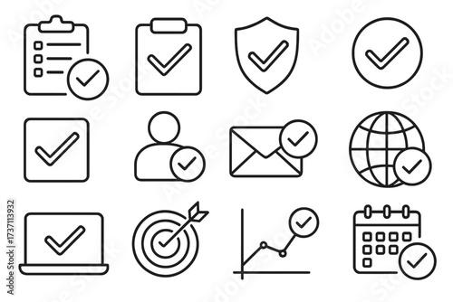 Check mark icon set. Tick line symbols. Approve, success, complete, quality control concepts. Thin vector illustration for UI UX. Editable stroke. Checklist, shield, target, user.